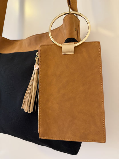 Monroe Messenger bag in Jet with brown adjustable strap and matching Parker Clutch