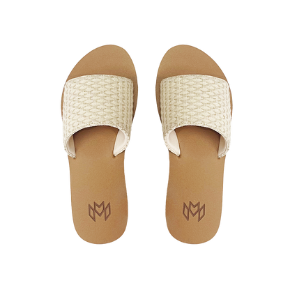 Ellie Hampton memory foam slide sandal with arch support and a cream woven strap and beige footbed
