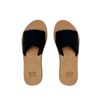 Ellie Jet memory foam sandal with arch support with a black faux suede strap and beige footbed