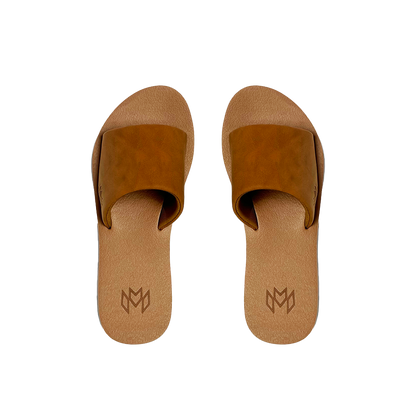 Ellie Saddle memory foam sandal with arch support with a faux suede strap and beige footbed