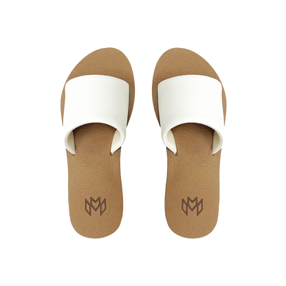 Ellie Satin memory foam sandal with arch support with a white faux suede strap and beige footbed