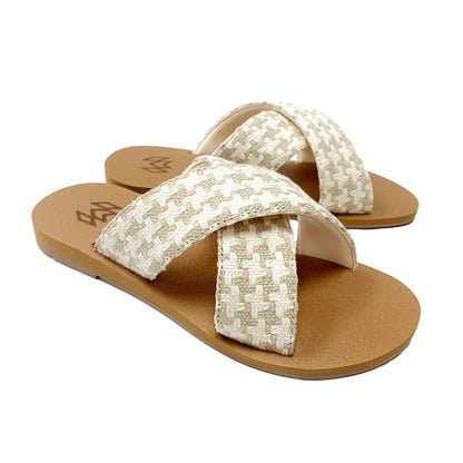 Ellie Cross in Mazen memory foam footbed with arch support and a woven cream criss cross strap