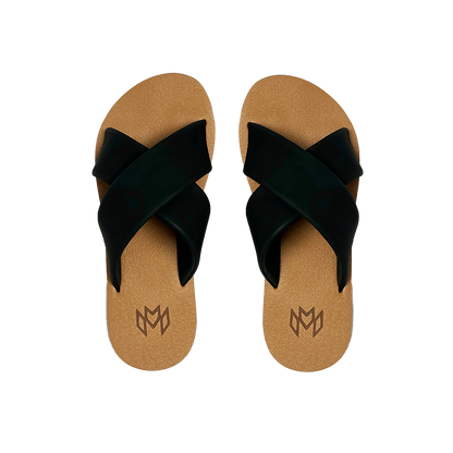 Ellie Cross Jet sandal with memory foam footbed with arch support and a black criss cross strap