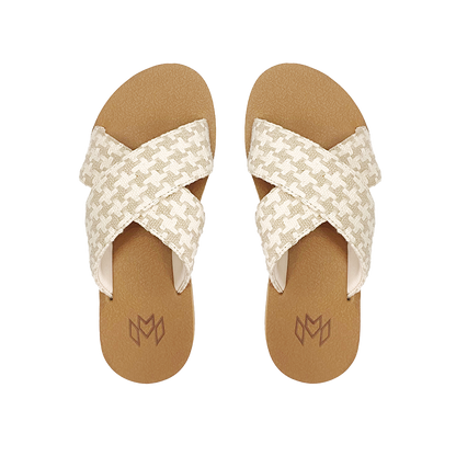 Ellie Cross in Mazen memory foam footbed with arch support and a woven cream criss cross strap