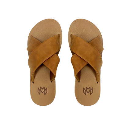 Ellie Cross in Saddle memory foam footbed with arch support and a brown criss cross strap