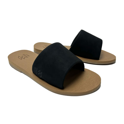 Ellie Jet memory foam sandal with arch support with a black faux suede strap and beige footbed
