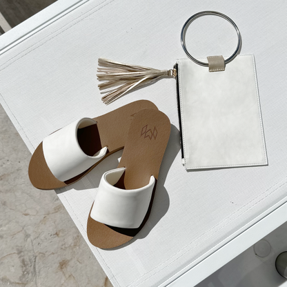 Ellie Satin memory foam sandal with arch support with a white faux suede strap and beige footbed and matching Parker Clutch