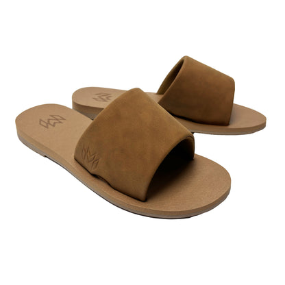 Ellie Saddle memory foam sandal with arch support with a faux suede strap and beige footbed