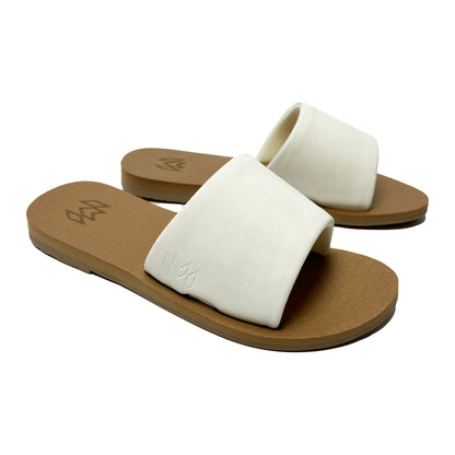 Ellie Satin memory foam sandal with arch support with a white faux suede strap and beige footbed