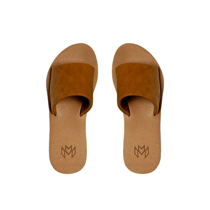 Ellie Saddle memory foam slide sandal with a brown strap