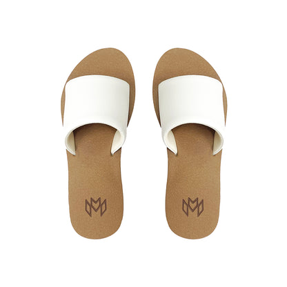Ellie Satin memory foam slide sandal with a white strap