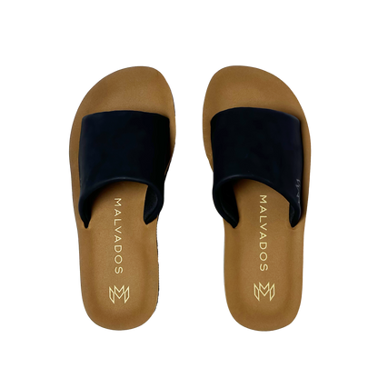 Gwen Jet platform sandal with beige memory foam footbed and cushioned black strap