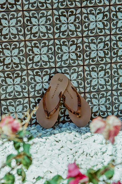 Marley Taboo flip flop with memory foam and arch support in brown reptile print strap with beige footbed