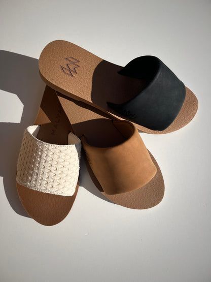 Best selling Ellie memory foam comfort sandals in black, brown and woven.