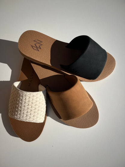 Ellie memory foam sandal with arch support with a faux suede strap and beige footbed