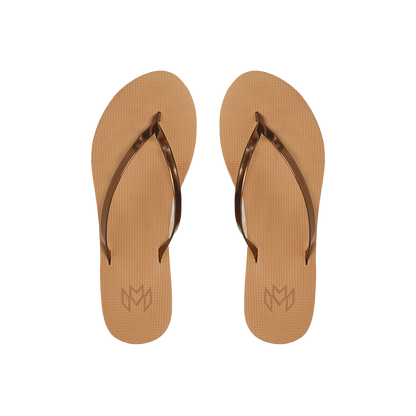 Lux Bronzed minimalist flip flop with thin brown metallic strap and beige arch support footbed