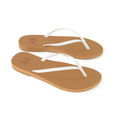 Lux Satin minimalist flip flop with thin white strap and beige arch support footbed