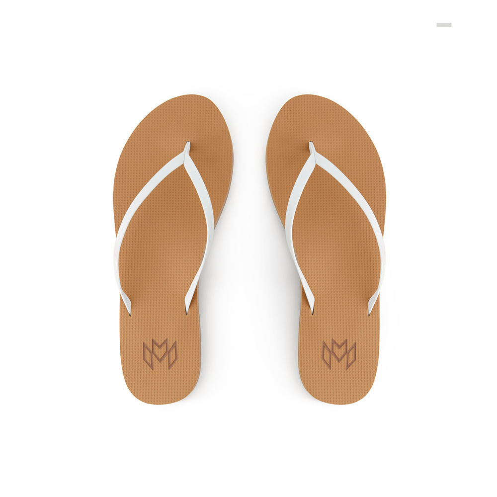 Lux Satin minimalist flip flop with arch support in beige and white.