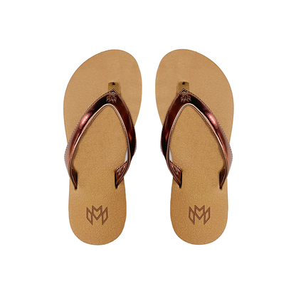 Marley Bronze flip flop with memory foam and arch support in brown metallic strap with beige footbed