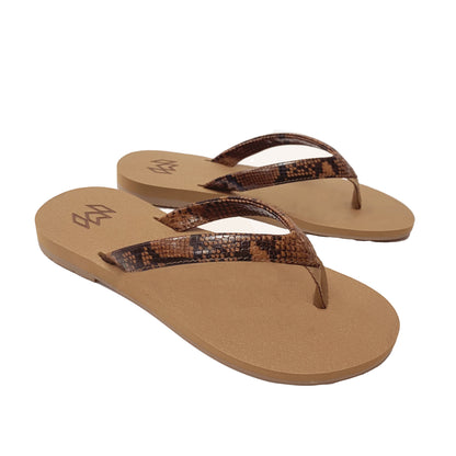 Marley Taboo flip flop with memory foam and arch support in brown reptile print strap with beige footbed