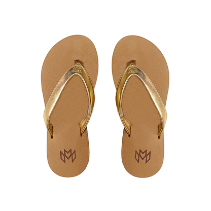 Marley Golden flip flop with memory foam and arch support in gold metallic strap with beige footbed