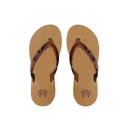 Marley Taboo flip flop with memory foam and arch support in brown reptile print strap with beige footbed