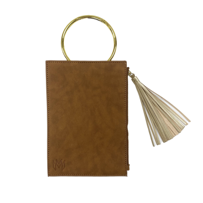 Parker Clutch Saddle with zipper pocket, tassel and removable gold ring carabiner in brown