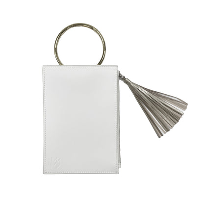 Parker Clutch Satin with zipper pocket, tassel and removable silver ring carabiner in white