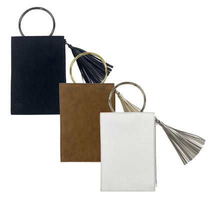 Parker Clutch faux suede bag with removable ring in black, brown and white