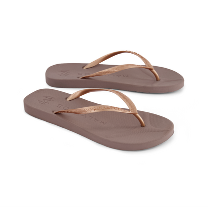 Playa Malt beach flip flop waterproof sandal with toe pillow, arch support and toe post anchor in gold and brown