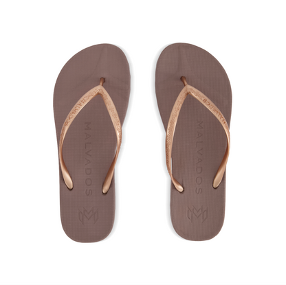 Playa Malt beach flip flop waterproof sandal with toe pillow, arch support and toe post anchor in gold and brown