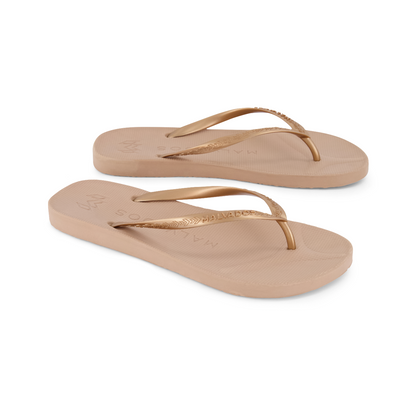 Playa Tequila Sunrise beach flip flop waterproof sandal with toe pillow, arch support and toe post anchor in gold 