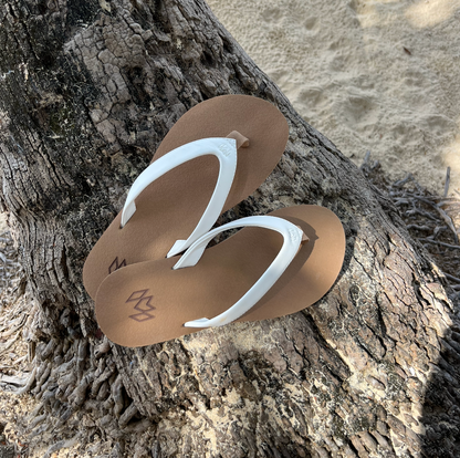 Marley Lace flip flop with memory foam and arch support in white strap with beige footbed